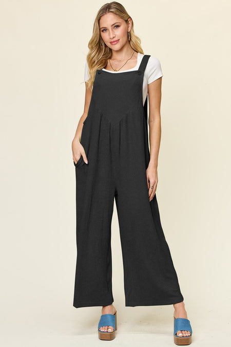 Double Take Full Size Texture Sleeveless Wide Leg Overall - S. M. & Co. Wide Leg Pants