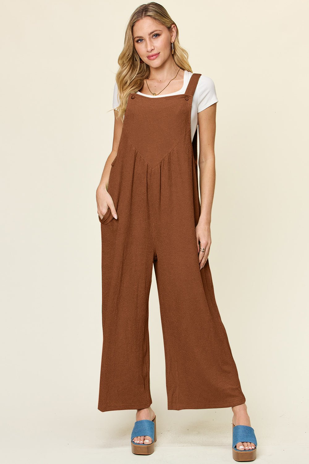 Double Take Full Size Texture Sleeveless Wide Leg Overall - S. M. & Co. Wide Leg Pants