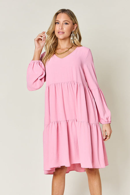 Double Take Full Size V-Neck Balloon Sleeve Tiered Dress - S. M. & Co. Tiered Dress