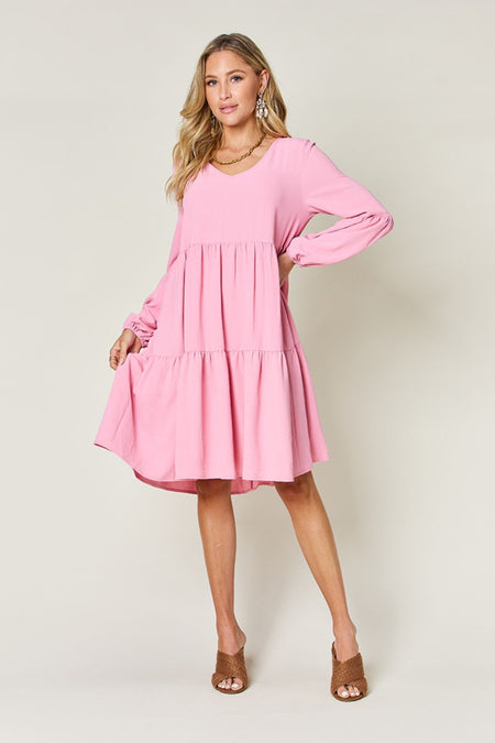 Double Take Full Size V-Neck Balloon Sleeve Tiered Dress - S. M. & Co. Tiered Dress