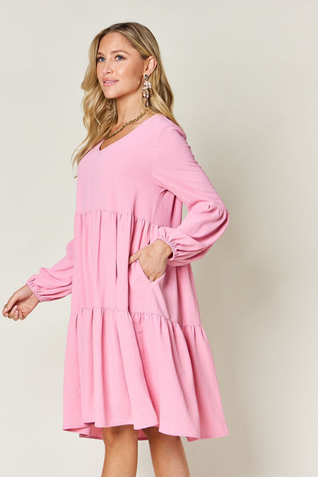 Double Take Full Size V-Neck Balloon Sleeve Tiered Dress - S. M. & Co. Tiered Dress