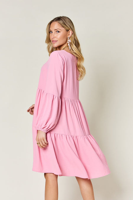 Double Take Full Size V-Neck Balloon Sleeve Tiered Dress - S. M. & Co. Tiered Dress