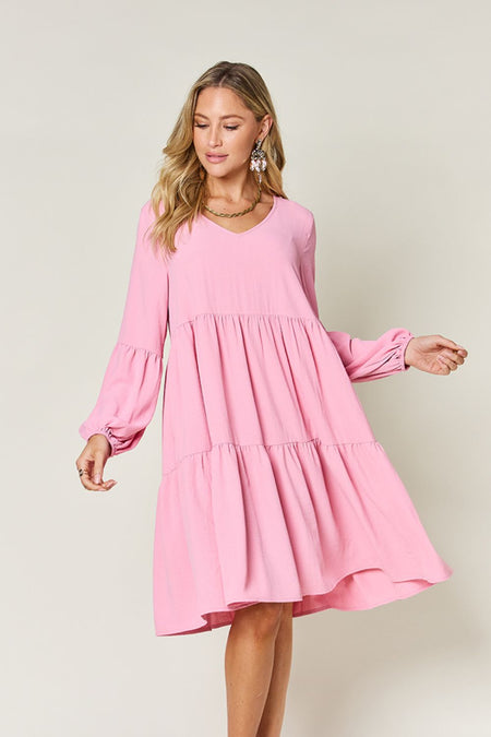 Double Take Full Size V-Neck Balloon Sleeve Tiered Dress - S. M. & Co. Tiered Dress