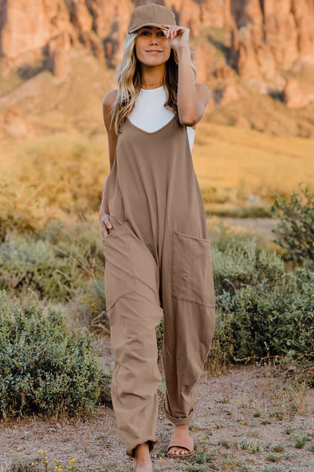 Double Take Full Size V-Neck Sleeveless Jumpsuit with Pockets - S. M. & Co. Jumpsuit