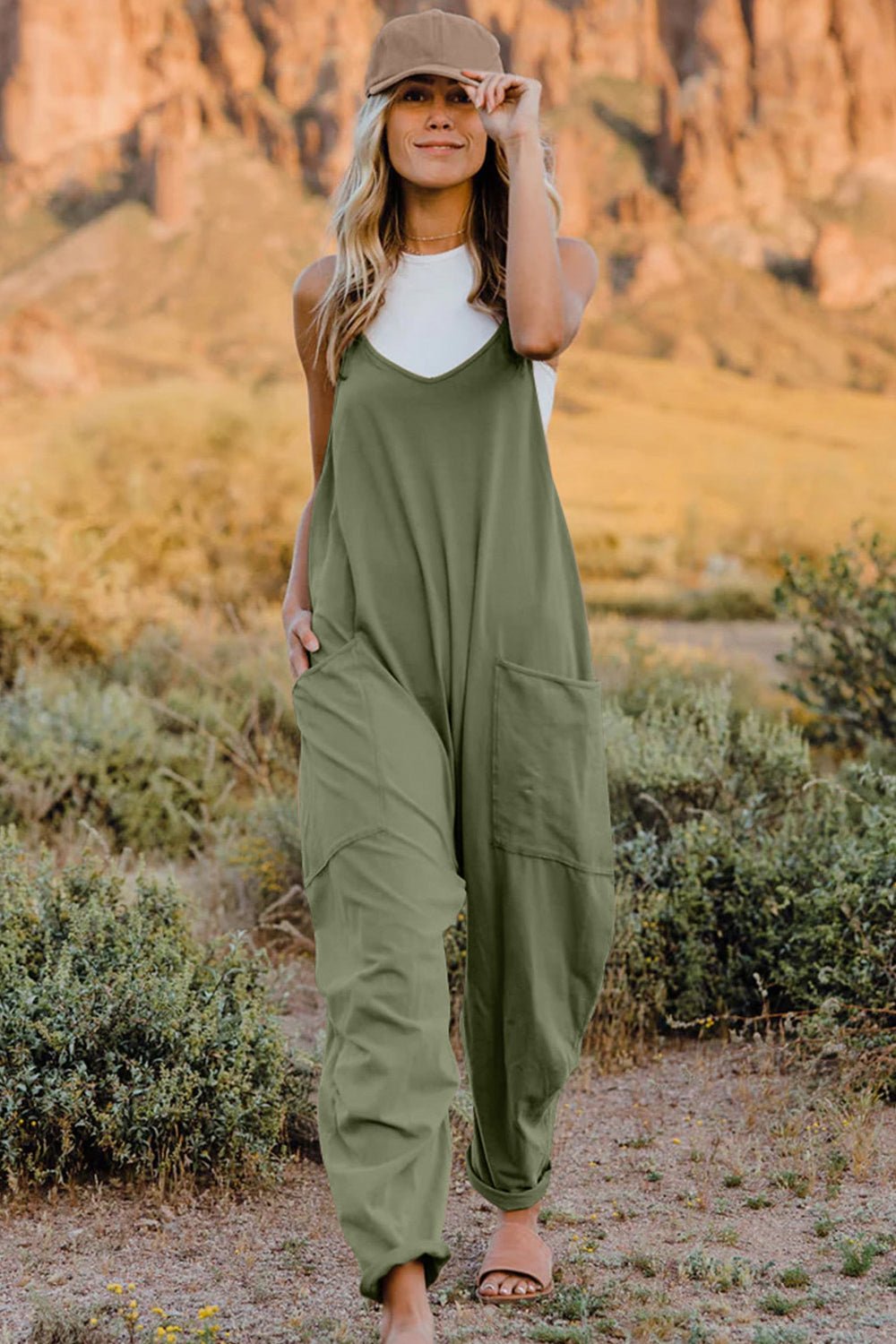 Double Take Full Size V-Neck Sleeveless Jumpsuit with Pockets - S. M. & Co. Jumpsuit