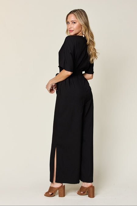 Double Take Full Size V-Neck Tie Front Short Sleeve Slit Jumpsuit - S. M. & Co. Jumpsuit