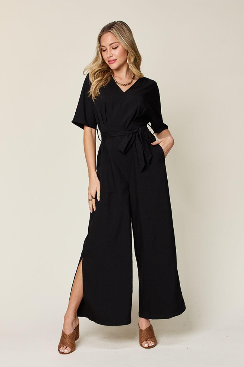 Double Take Full Size V-Neck Tie Front Short Sleeve Slit Jumpsuit - S. M. & Co. Jumpsuit