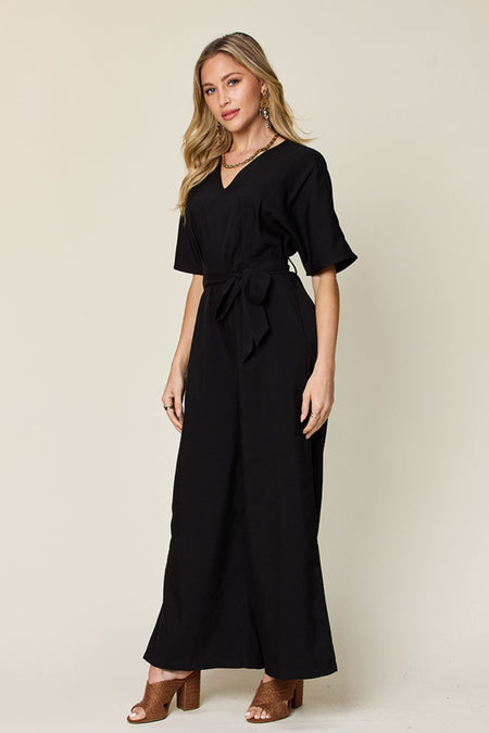 Double Take Full Size V-Neck Tie Front Short Sleeve Slit Jumpsuit - S. M. & Co. Jumpsuit