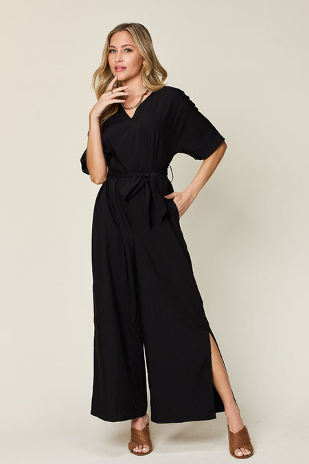 Double Take Full Size V-Neck Tie Front Short Sleeve Slit Jumpsuit - S. M. & Co. Jumpsuit