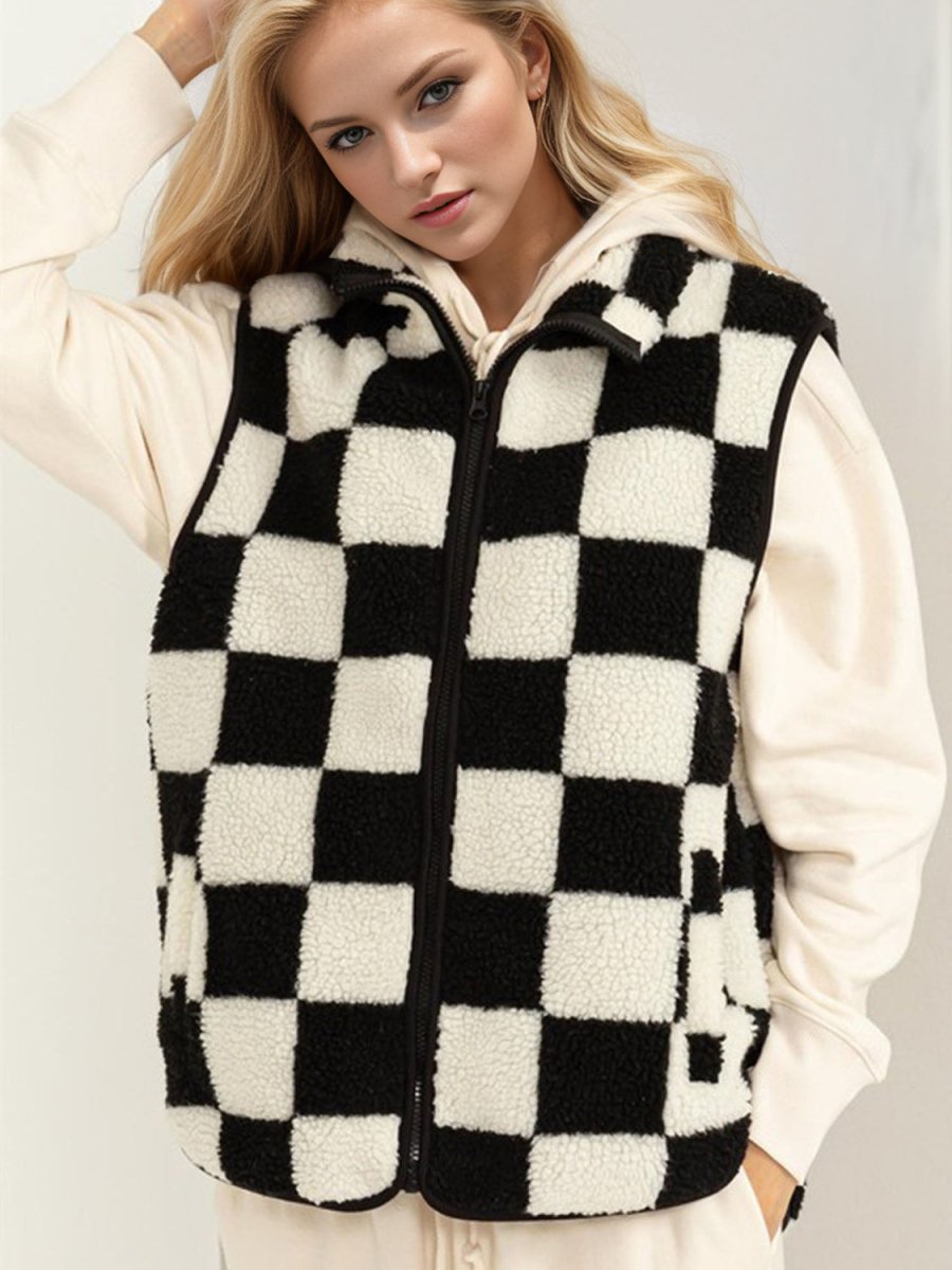 Double Take Full Size Zip Up Checkered Vest Cost - S. M. & Co.