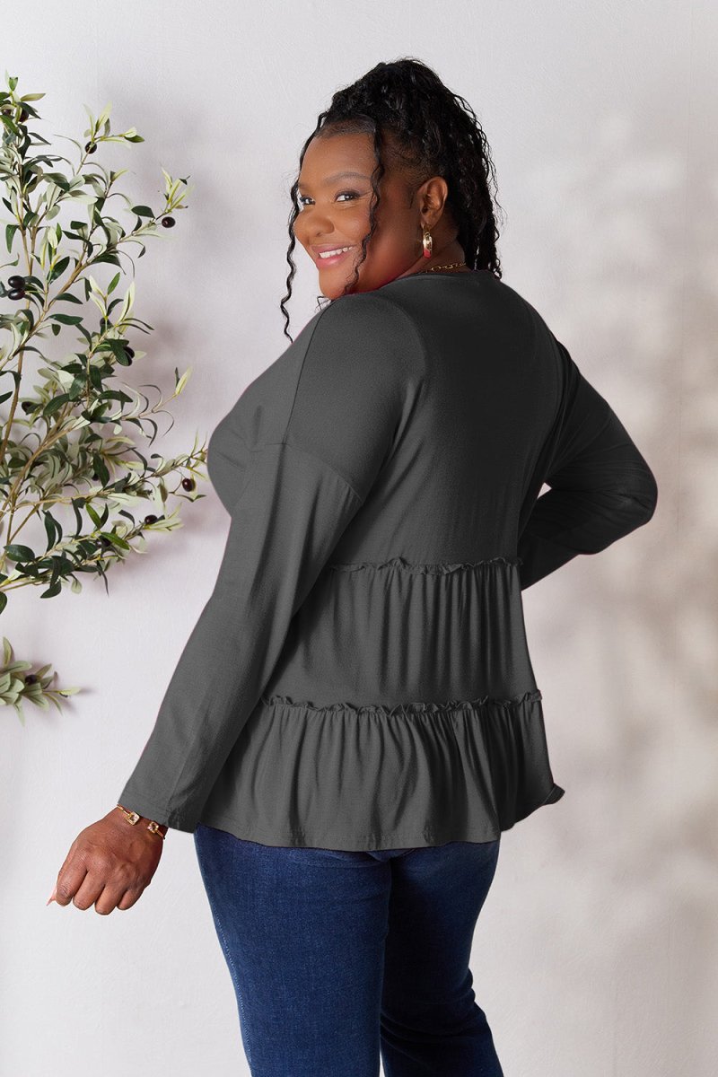 Double Take Half Button Long Sleeve Ruffle Hem Blouse - S. M. & Co.