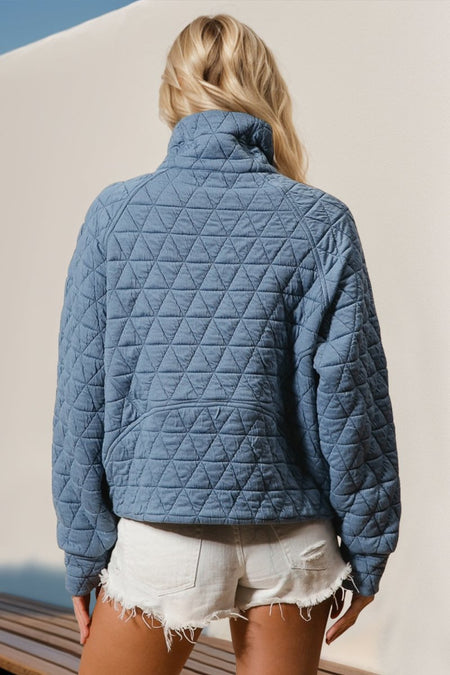 Double Take Half Zip Long Sleeve Quilted Sweatshirt with Pocket - S. M. & Co.