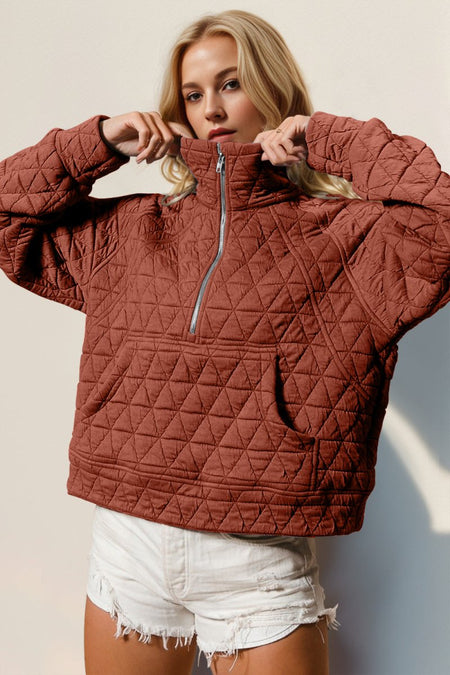 Double Take Half Zip Long Sleeve Quilted Sweatshirt with Pocket - S. M. & Co.