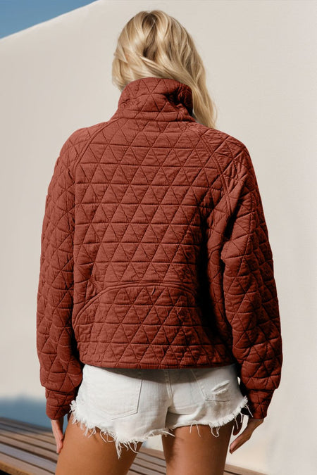 Double Take Half Zip Long Sleeve Quilted Sweatshirt with Pocket - S. M. & Co.