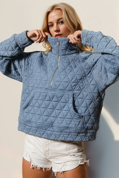 Double Take Half Zip Long Sleeve Quilted Sweatshirt with Pocket - S. M. & Co.