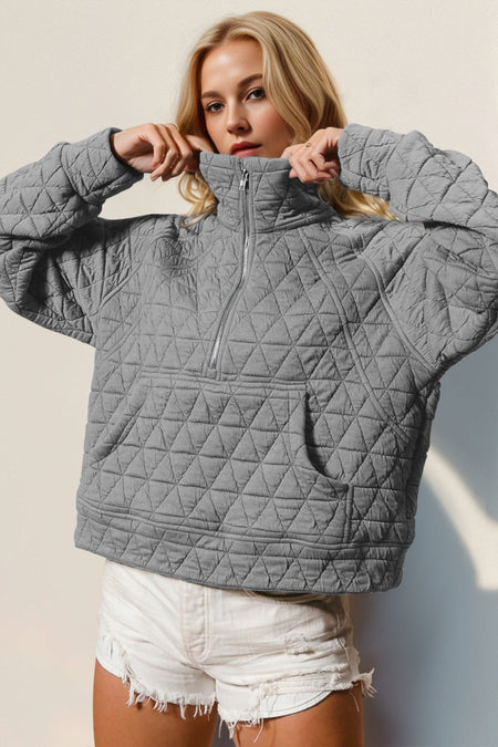 Double Take Half Zip Long Sleeve Quilted Sweatshirt with Pocket - S. M. & Co.