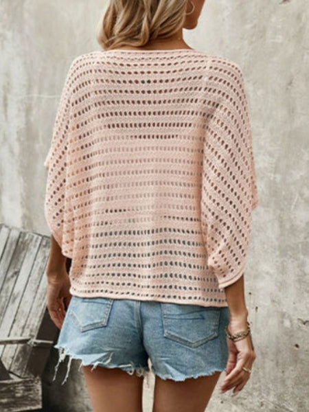 Double Take Openwork Half Sleeve Knit Cover Up - S. M. & Co. Knit Top