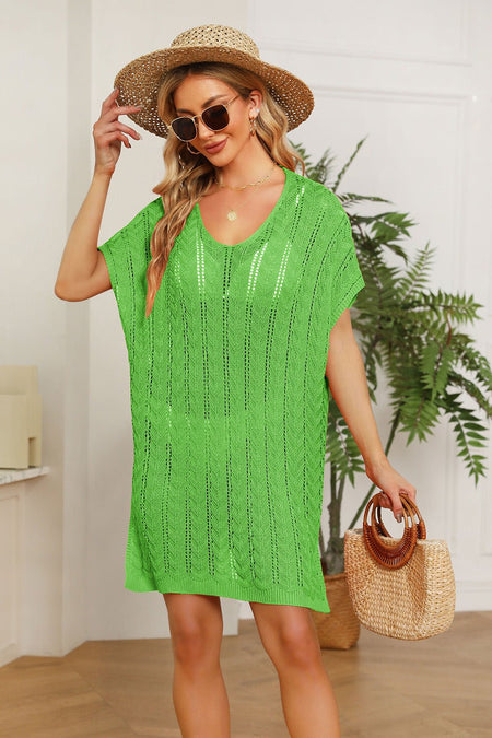 Double Take Openwork Short Sleeve Slit Knit Cover Up - S. M. & Co. Cover-up