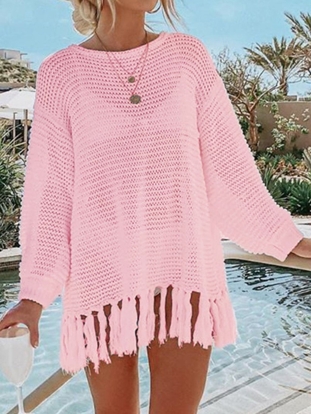 Double Take Openwork Tassel Hem Long Sleeve Knit Cover Up - S. M. & Co. Knit Top