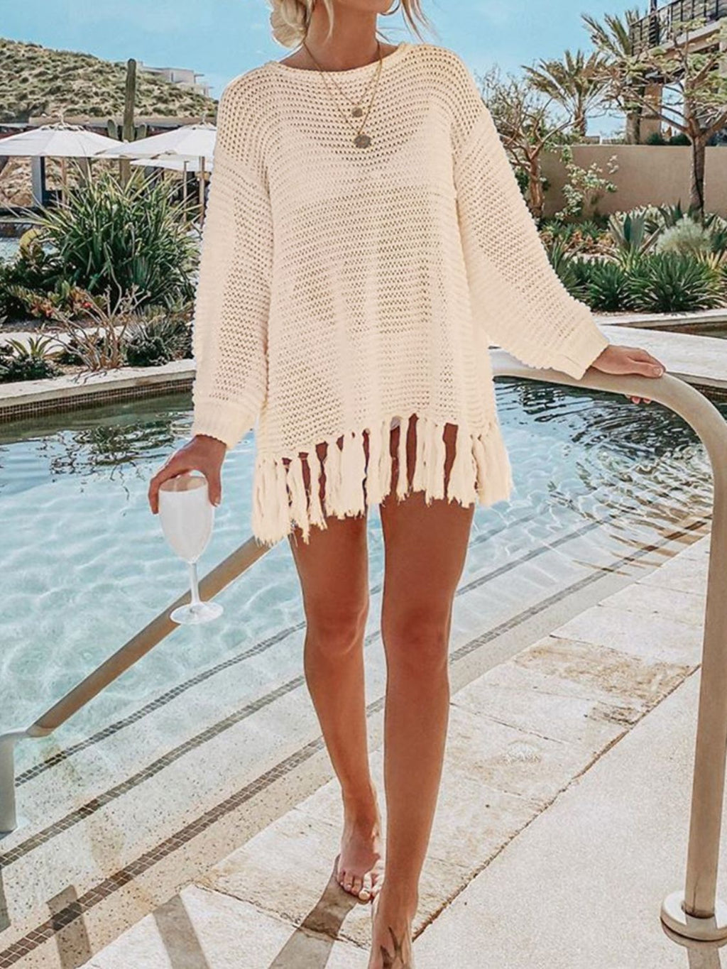 Double Take Openwork Tassel Hem Long Sleeve Knit Cover Up - S. M. & Co. Knit Top