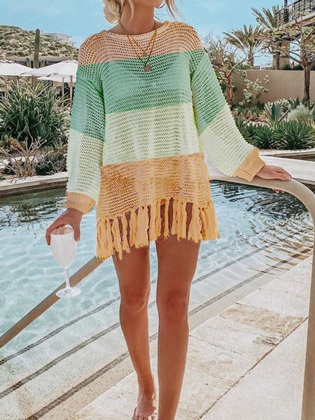 Double Take Openwork Tassel Hem Long Sleeve Knit Cover Up - S. M. & Co. Knit Top