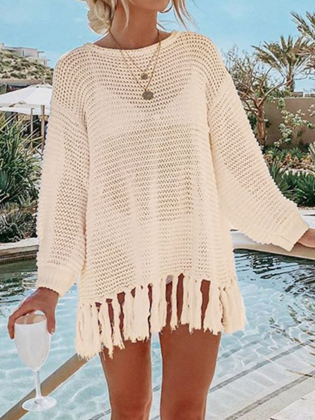 Double Take Openwork Tassel Hem Long Sleeve Knit Cover Up - S. M. & Co. Knit Top