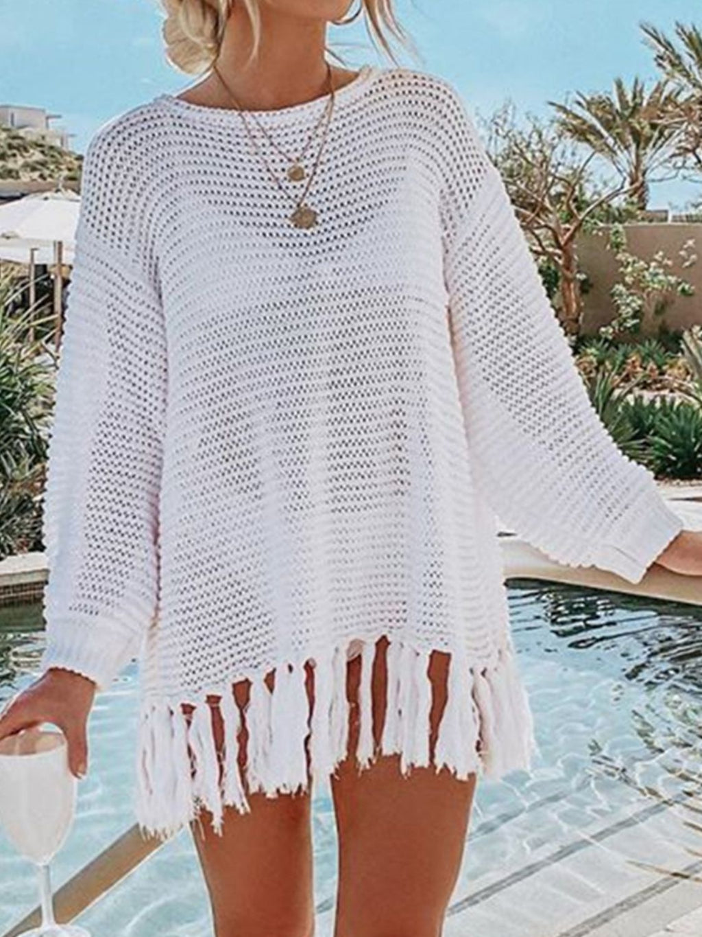 Double Take Openwork Tassel Hem Long Sleeve Knit Cover Up - S. M. & Co. Knit Top