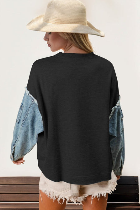 Double Take Raw Edge Star Contrast Sweatshirt - S. M. & Co.