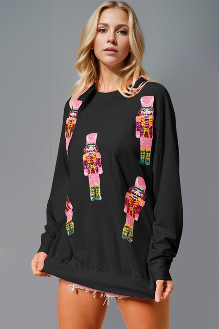 Double Take Sequin Nutcracker Round Neck Long Sleeve Sweatshirt - S. M. & Co.