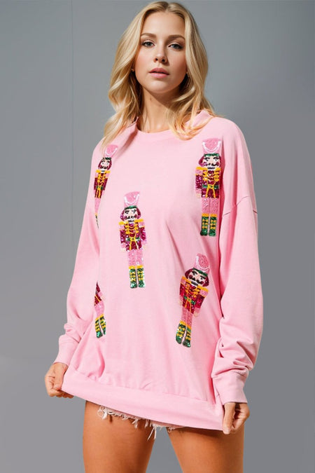 Double Take Sequin Nutcracker Round Neck Long Sleeve Sweatshirt - S. M. & Co.