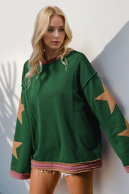 Double Take Star Patched Long Sleeve Sweatshirt - S. M. & Co.