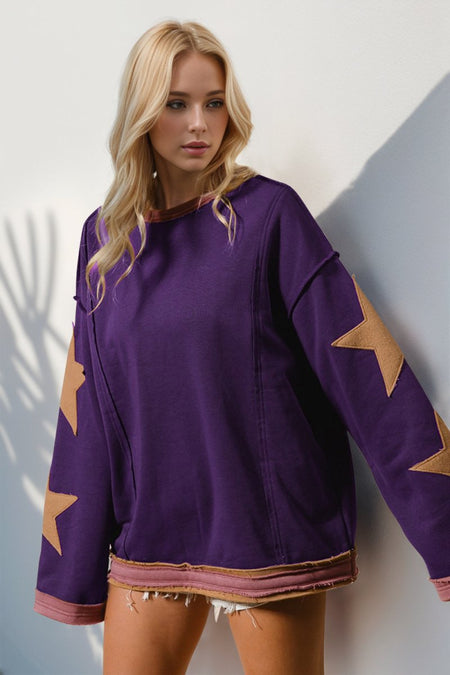 Double Take Star Patched Long Sleeve Sweatshirt - S. M. & Co.