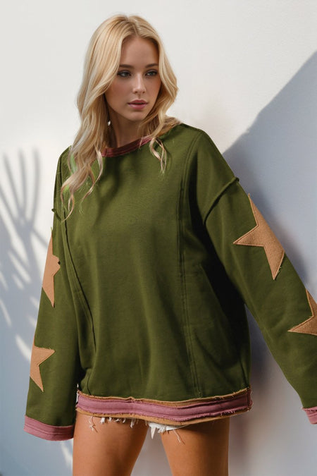 Double Take Star Patched Long Sleeve Sweatshirt - S. M. & Co.