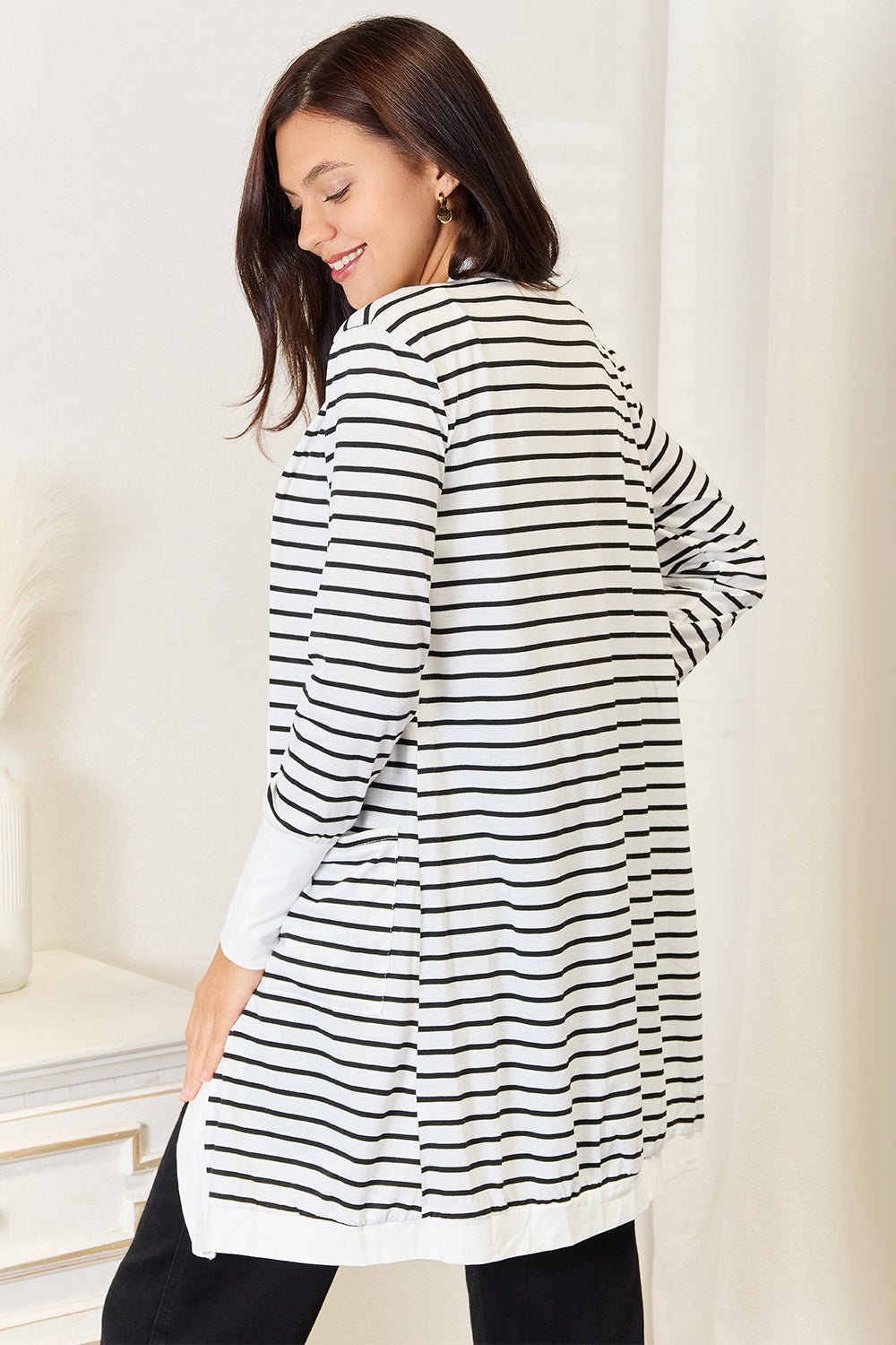 Double Take Striped Open Front Longline Cardigan - S. M. & Co. Cardigan