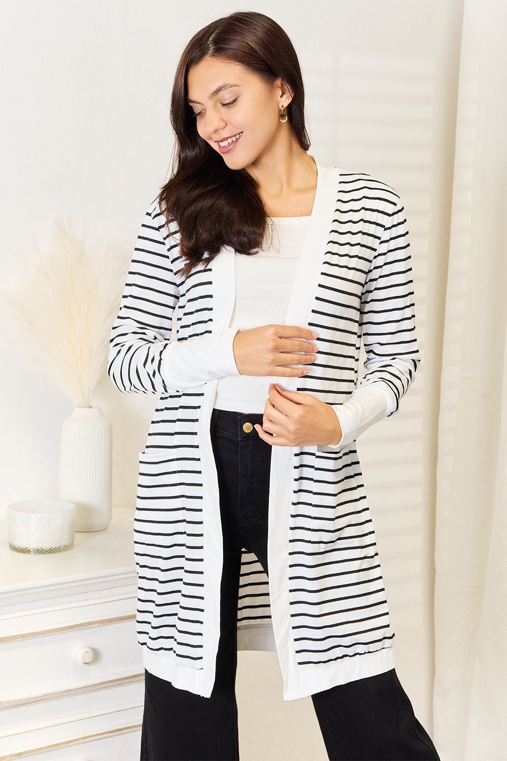 Double Take Striped Open Front Longline Cardigan - S. M. & Co. Cardigan