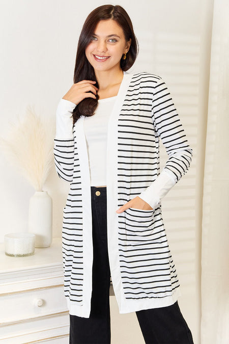 Double Take Striped Open Front Longline Cardigan - S. M. & Co. Cardigan