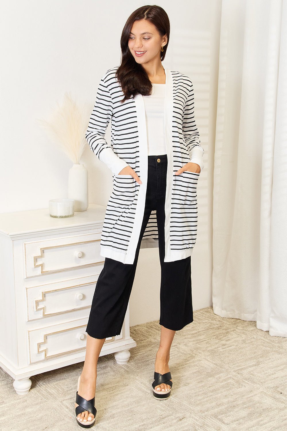 Double Take Striped Open Front Longline Cardigan - S. M. & Co. Cardigan