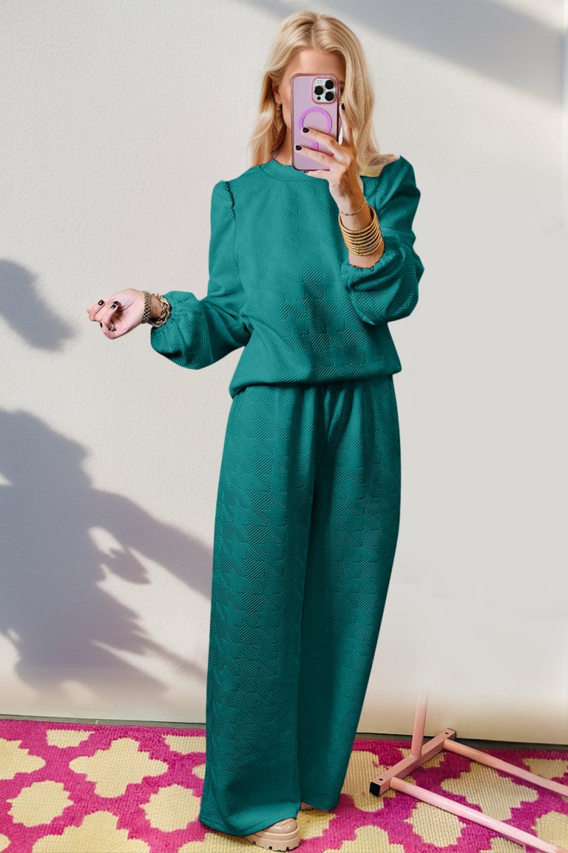 Double Take Texture Long Sleeve Top and Wide Leg Pants Set - S. M. & Co.