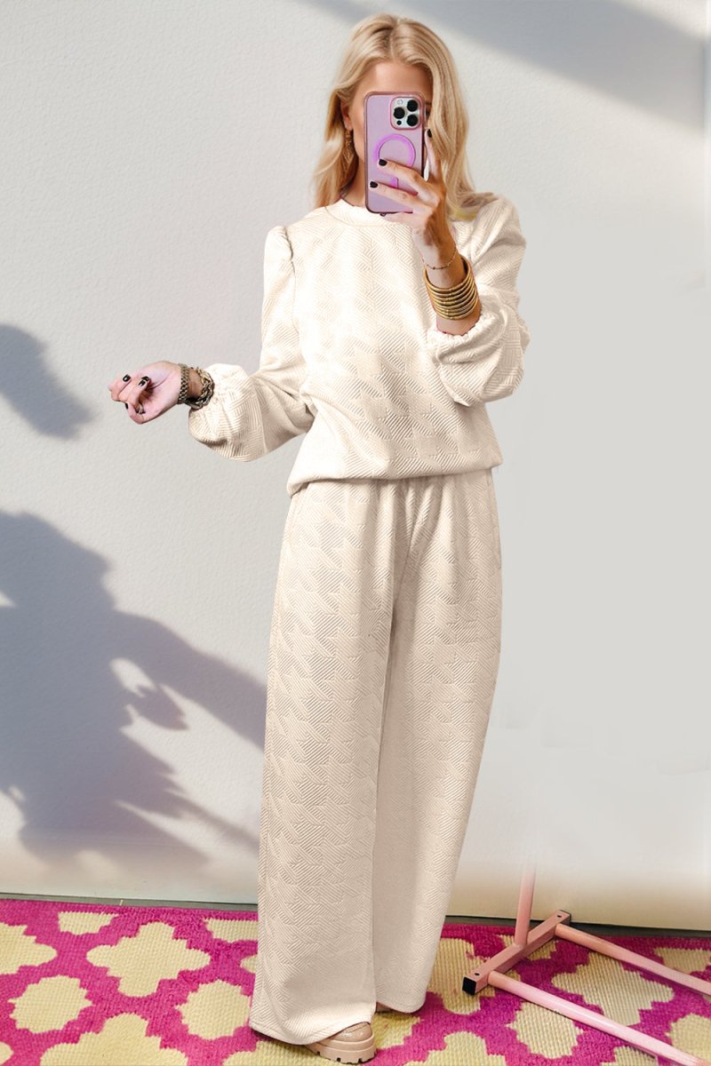 Double Take Texture Long Sleeve Top and Wide Leg Pants Set - S. M. & Co.