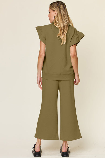 Double Take Texture Ruffle Short Sleeve Top and Drawstring Wide Leg Pants Set - S. M. & Co. Two Piece Sets/Tops & Bottoms