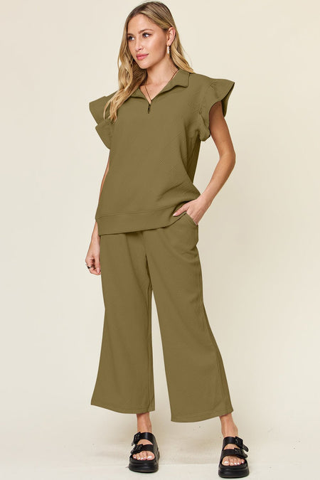 Double Take Texture Ruffle Short Sleeve Top and Drawstring Wide Leg Pants Set - S. M. & Co. Two Piece Sets/Tops & Bottoms