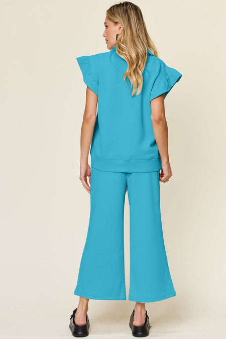 Double Take Texture Ruffle Short Sleeve Top and Drawstring Wide Leg Pants Set - S. M. & Co. Two Piece Sets/Tops & Bottoms