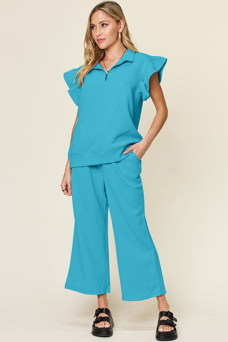 Double Take Texture Ruffle Short Sleeve Top and Drawstring Wide Leg Pants Set - S. M. & Co. Two Piece Sets/Tops & Bottoms