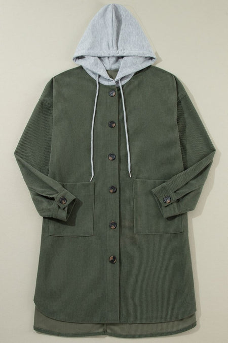 Drawstring Button Up Long Sleeve Hooded Jacket - S. M. & Co.