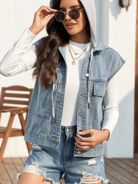 Drawstring Button Up Sleeveless Denim Jacket - S. M. & Co.