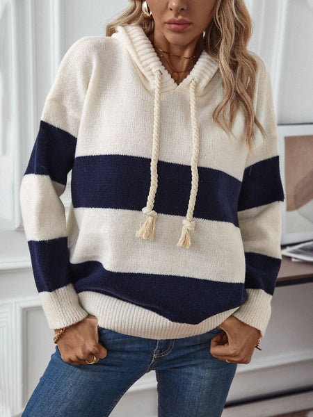 Drawstring Contrast Stripe Dropped Shoulder Hooded Sweater - S. M. & Co.