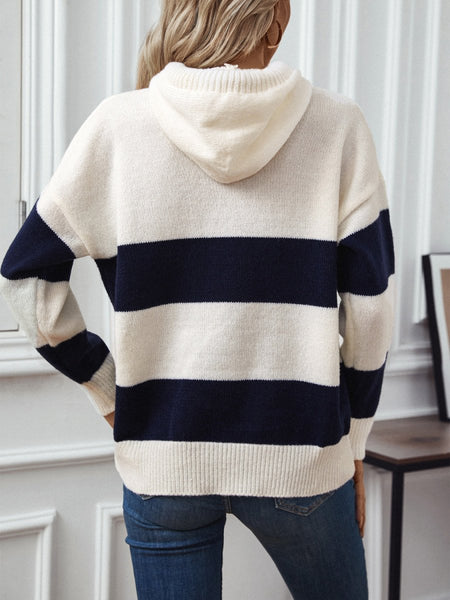 Drawstring Contrast Stripe Dropped Shoulder Hooded Sweater - S. M. & Co.