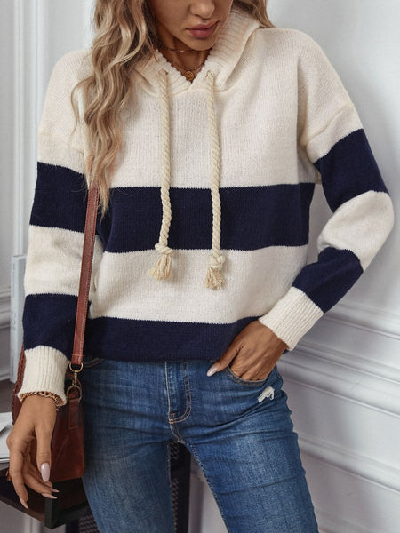 Drawstring Contrast Stripe Dropped Shoulder Hooded Sweater - S. M. & Co.