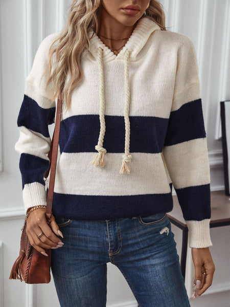 Drawstring Contrast Stripe Dropped Shoulder Hooded Sweater - S. M. & Co.