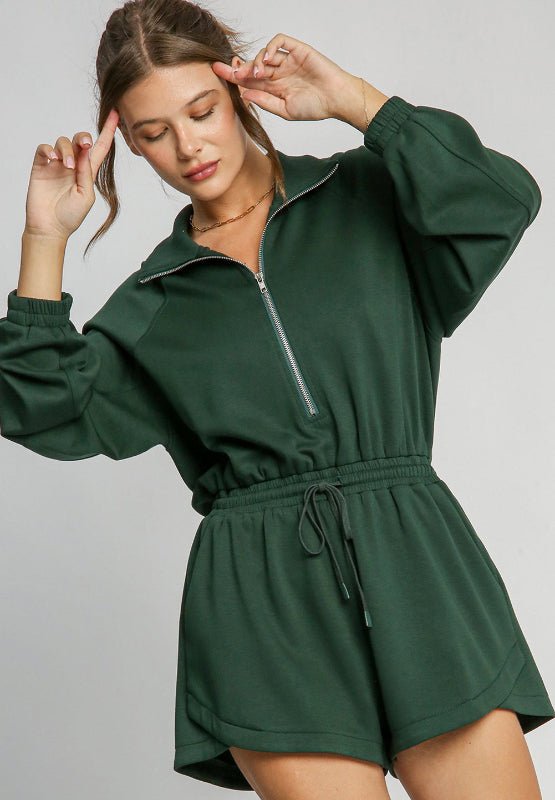 Drawstring Half Zip Long Sleeve Romper - S. M. & Co.